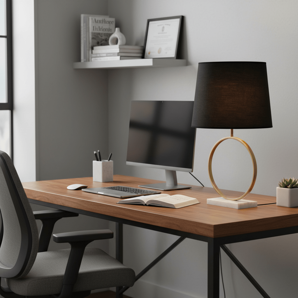 Stylish black and gold marble table lamp on a modern desk with a computer and books.