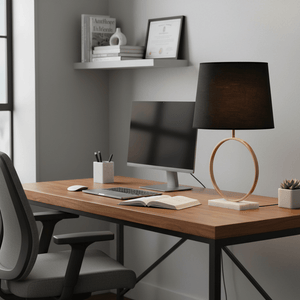 Stylish black and gold marble table lamp on a modern desk with a computer and books.