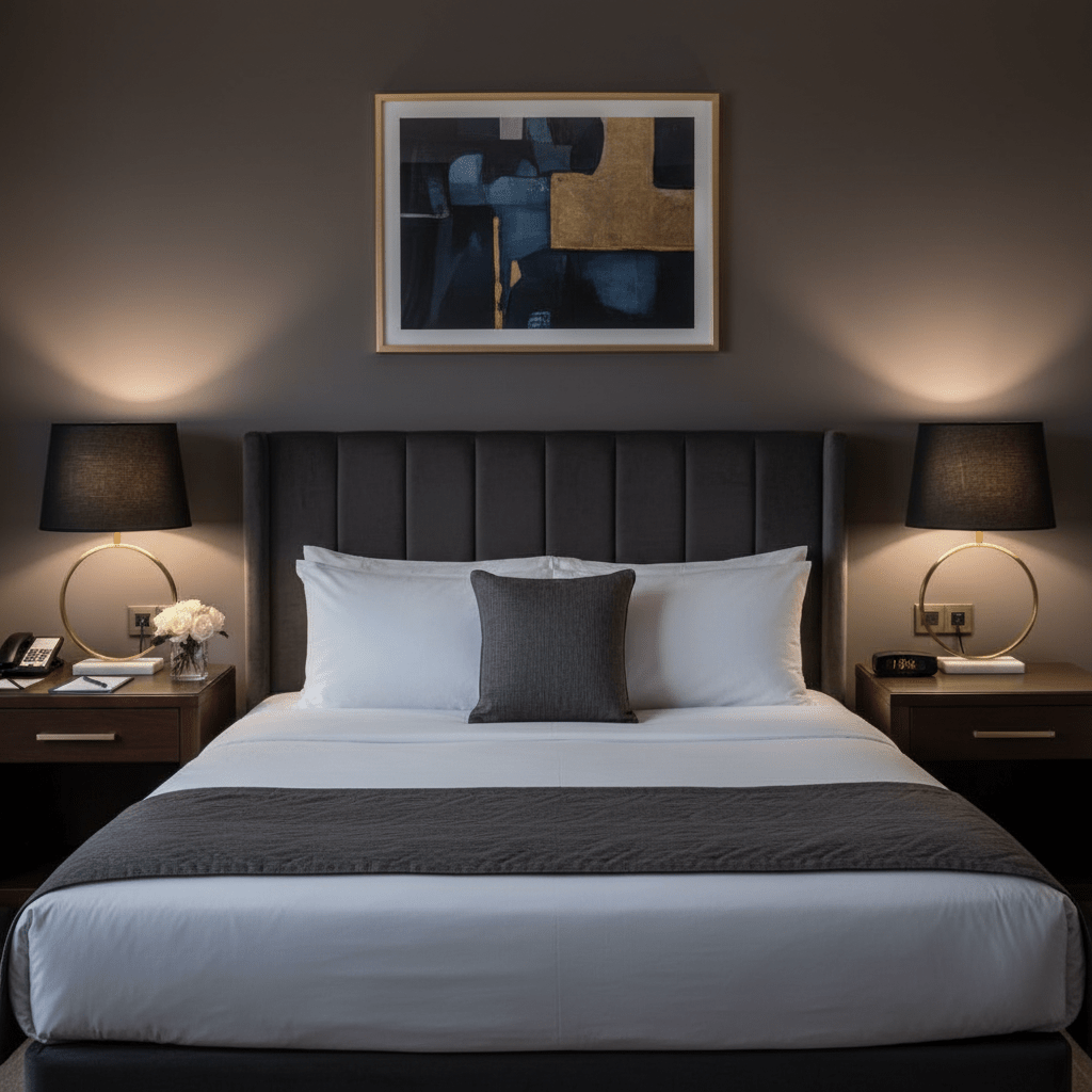 Stylish bedroom scene featuring a black and gold marble table lamp on a nightstand beside a plush bed.