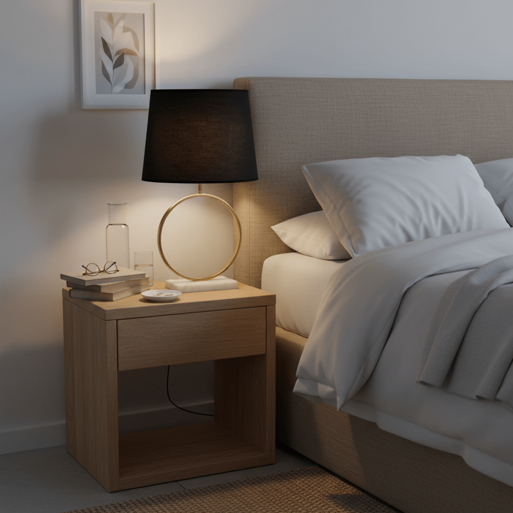 A modern bedside table lamp with a black drum shade, gold circular base, and clear glass vase on a light wood nightstand next to a bed with white linens.