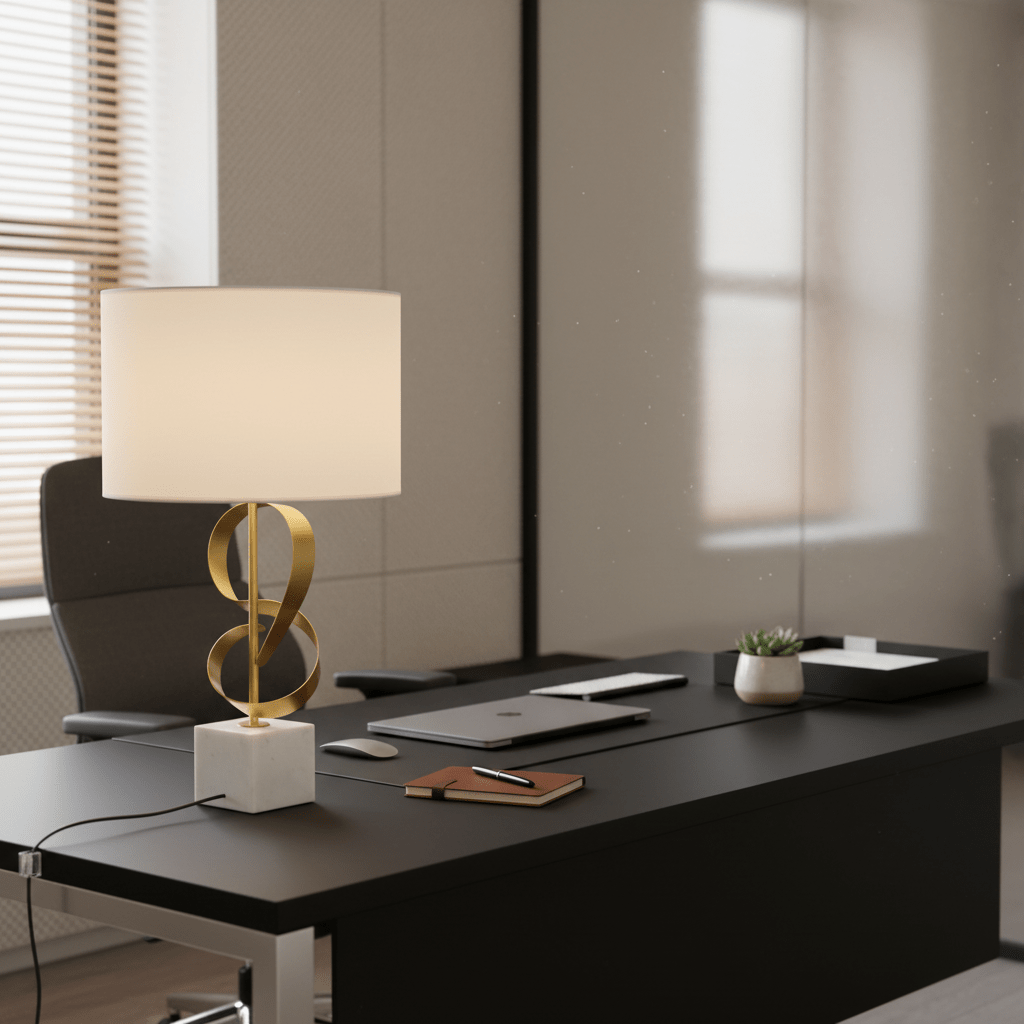 Gold and marble table lamp on a modern black desk with a laptop and notebook.