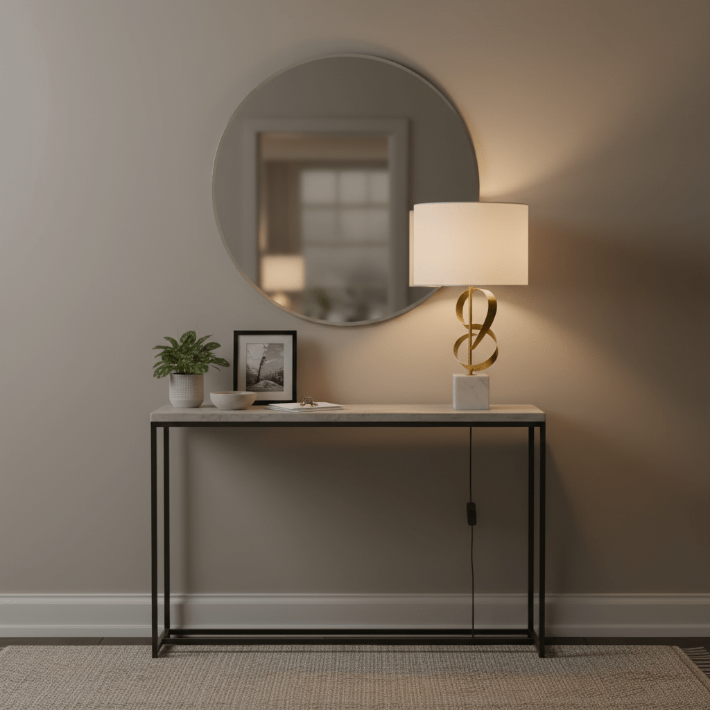 Elegant marble and gold table lamp on a console table with a round mirror and decorative items.