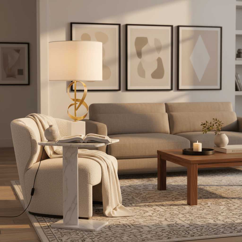 Elegant marble and gold table lamp on a stylish side table next to a cozy armchair, with a book and blanket.