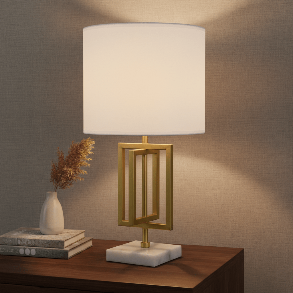 Chopin Gold & Marble Table Lamp on a wooden side table with decorative books and a vase.
