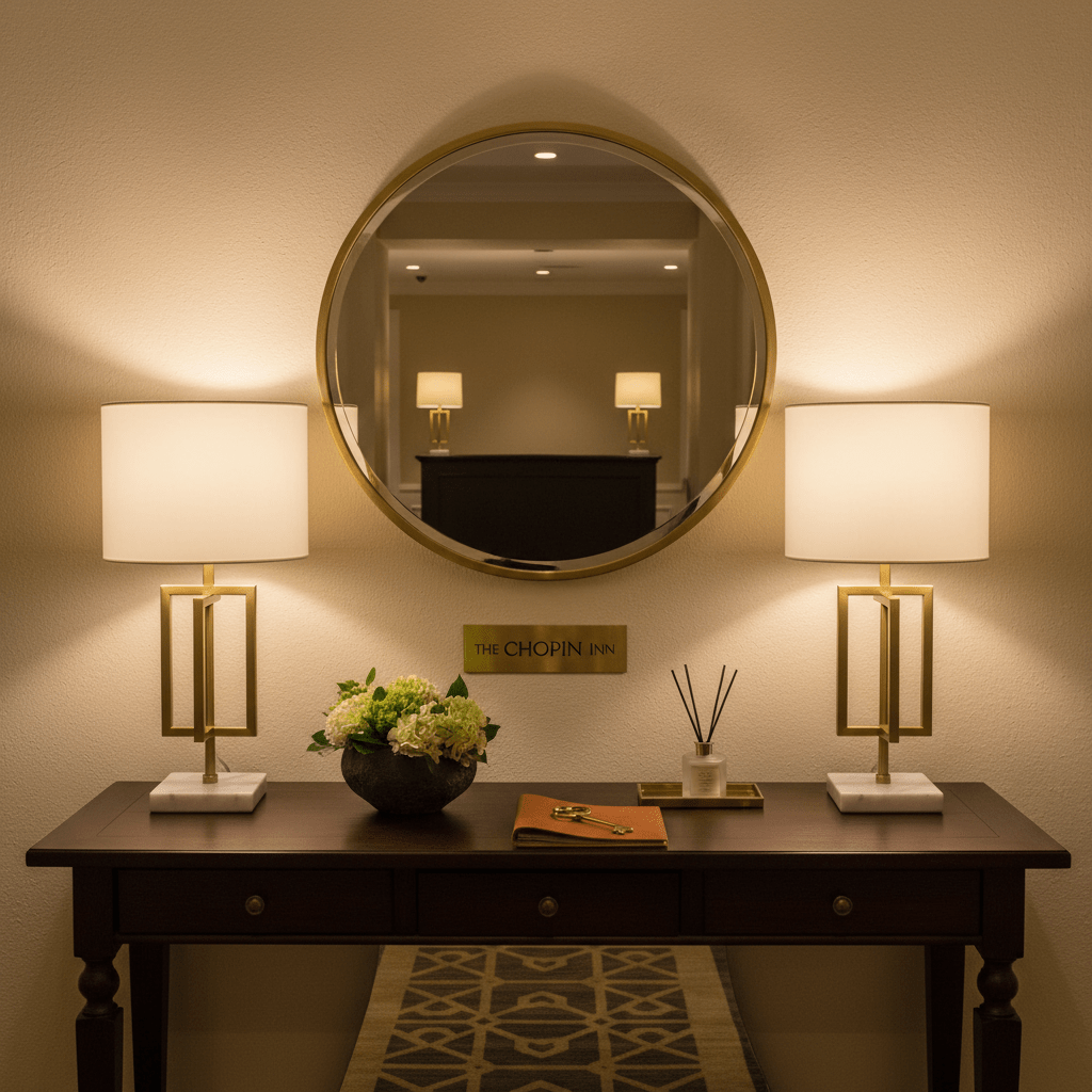 Elegant table lamp with gold base and white shade on a wooden console table, reflecting in a round mirror.