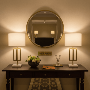 Elegant table lamp with gold base and white shade on a wooden console table, reflecting in a round mirror.