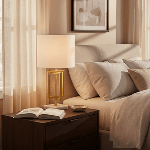 Chopin Gold & Marble Table Lamp on a bedside table with a book and decorative bowl, soft lighting ambiance.