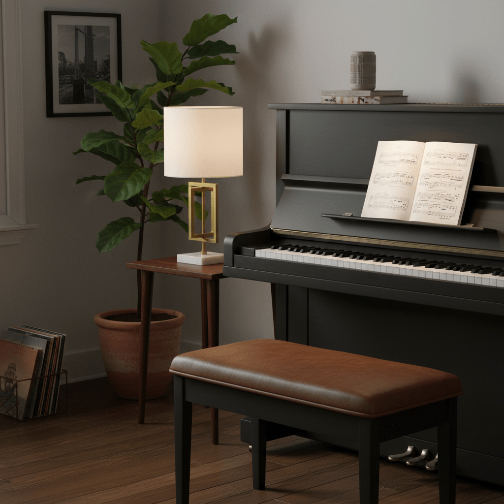 Chopin Gold & Marble Table Lamp on a side table beside a piano, with sheet music and a plant in the background.