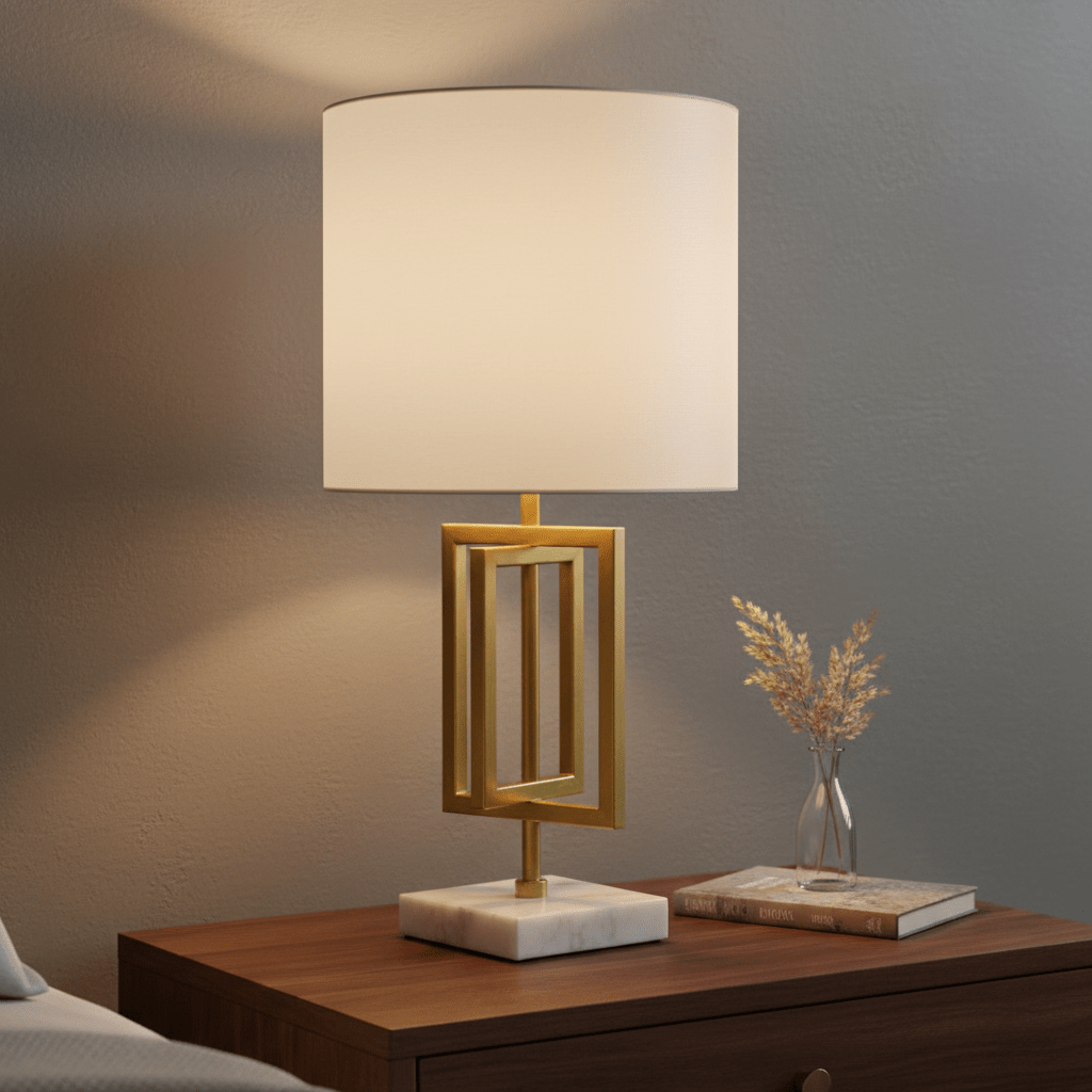 Chopin Gold & Marble Table Lamp on a wooden bedside table, with a decorative vase and books nearby.
