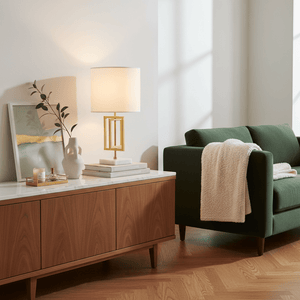 Chopin Gold & Marble Table Lamp on a sideboard with decor, books, and a green sofa in a bright room.