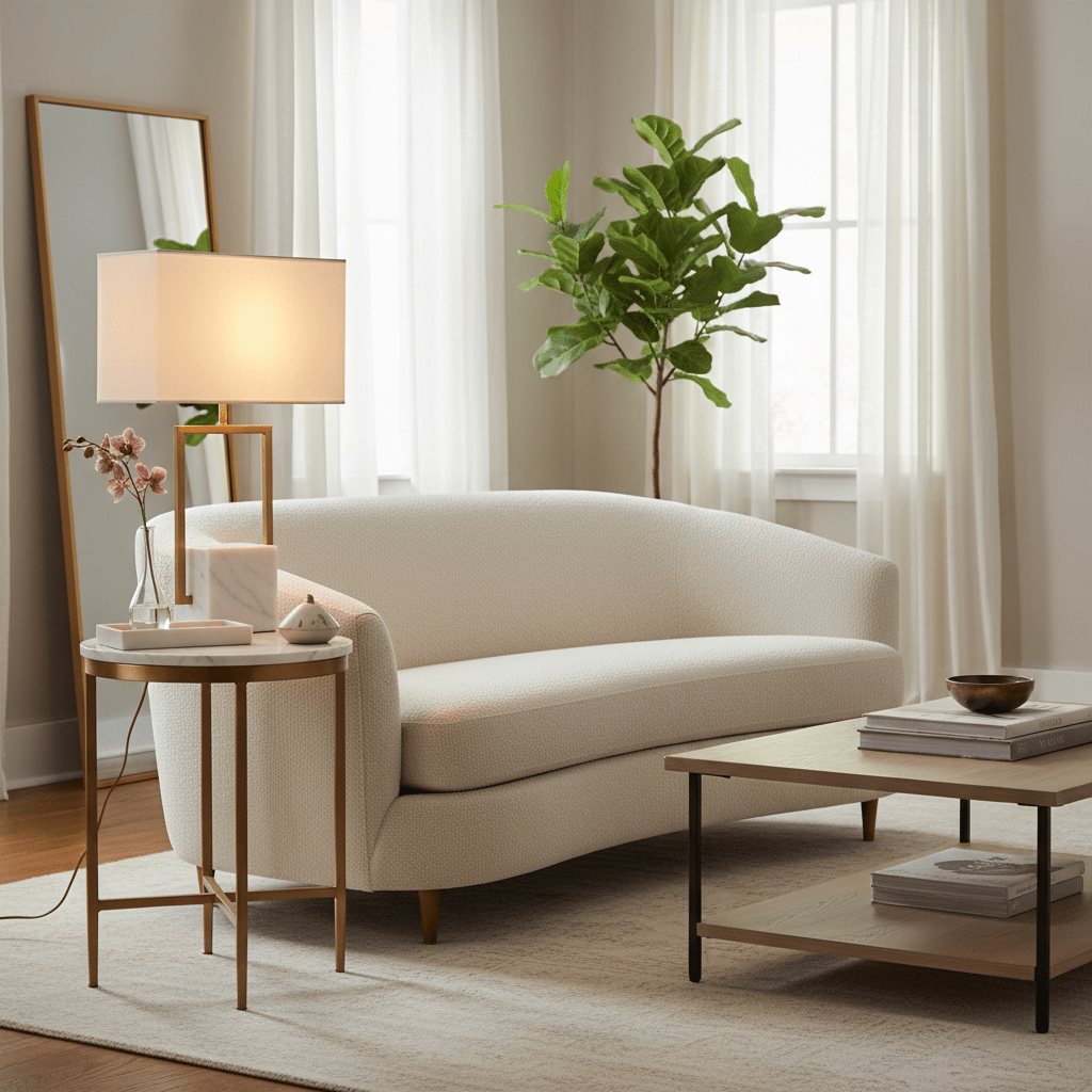Verdi Gold & Marble Table Lamp on a side table in a cozy living room setting, with a sofa and plants.