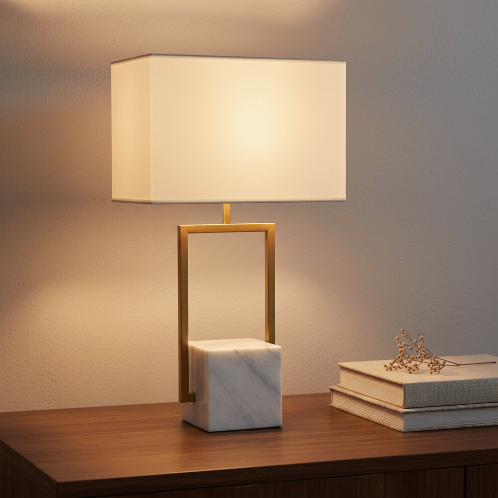 Verdi Gold & Marble Table Lamp on a wooden surface, featuring a marble base and gold metal frame with a fabric shade.