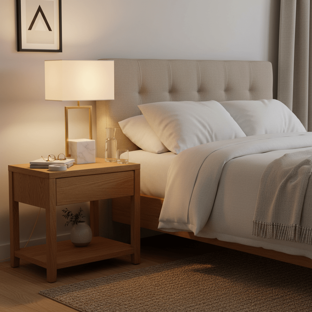 Verdi Gold & Marble Table Lamp on a bedside table in a cozy bedroom setting, illuminating the space softly.