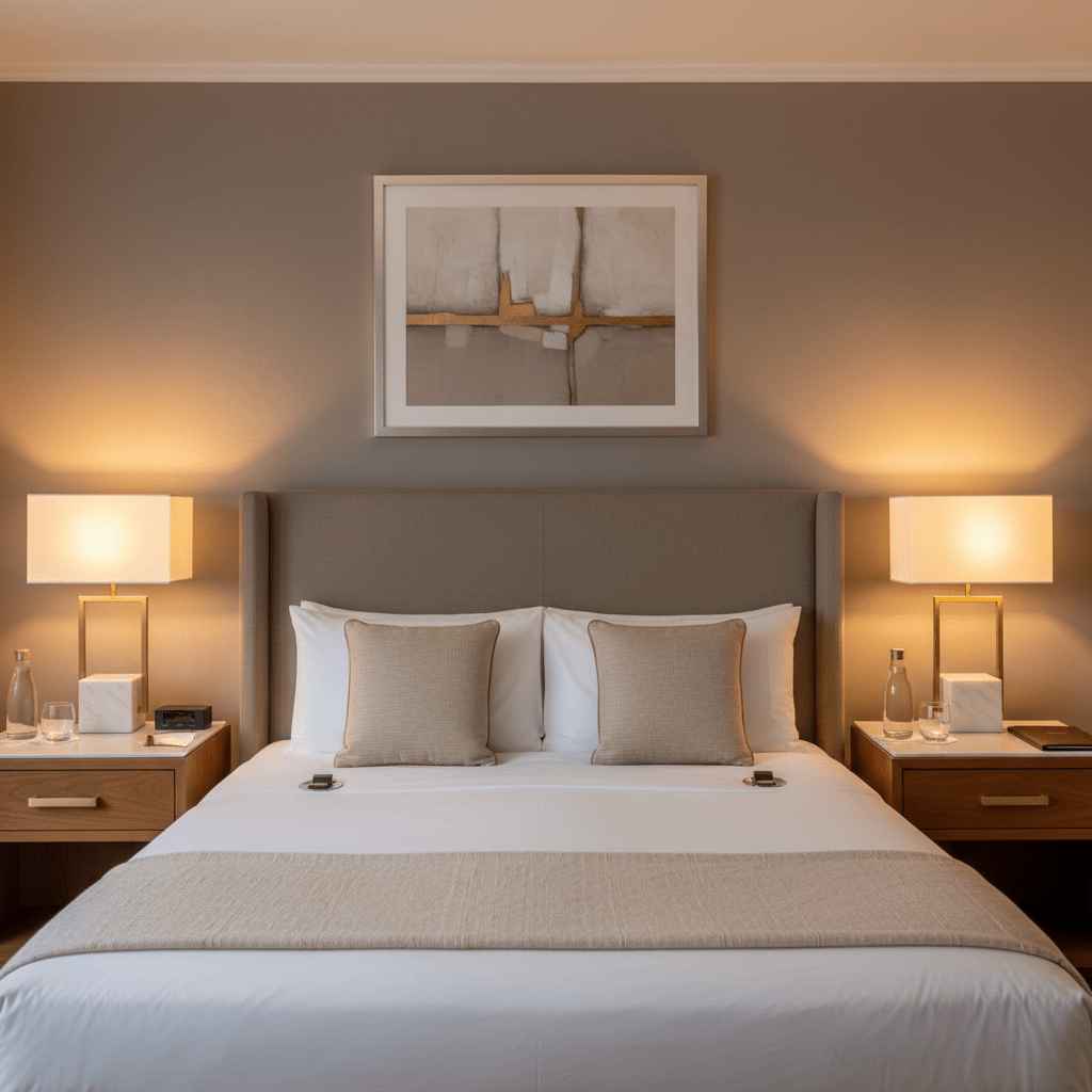 Elegant bedroom scene featuring a Verdi Gold & Marble Table Lamp on a nightstand, providing warm light.