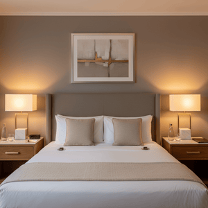Elegant bedroom scene featuring a Verdi Gold & Marble Table Lamp on a nightstand, providing warm light.