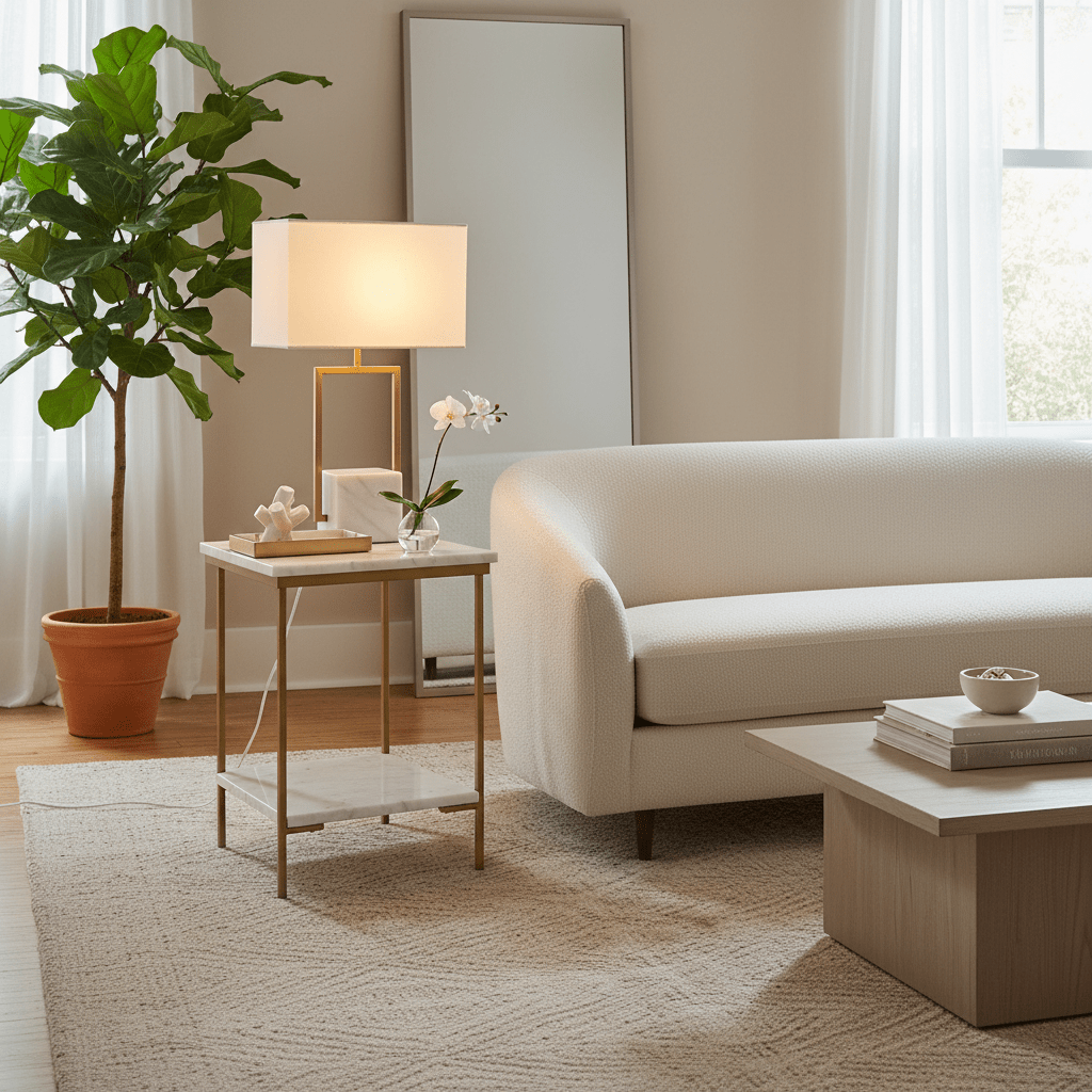 Elegant Verdi Gold & Marble Table Lamp on a stylish side table in a modern living room setting.
