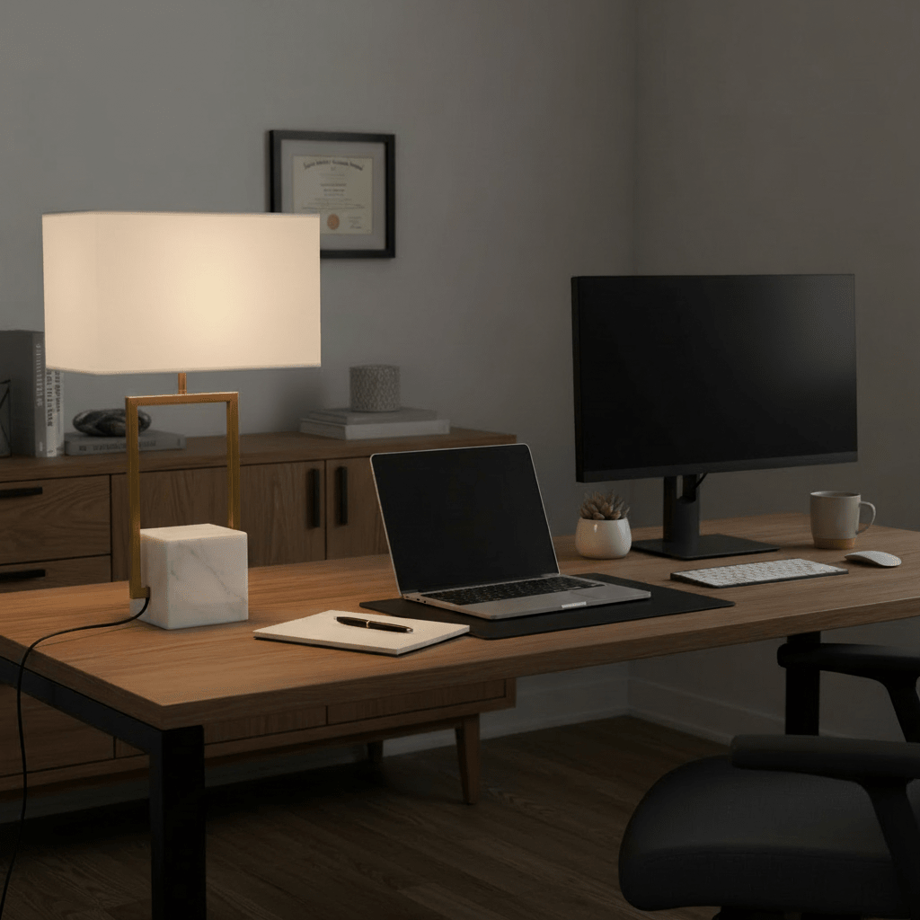 Verdi Gold & Marble Table Lamp on a wooden desk, illuminating a workspace with a laptop and stationery.