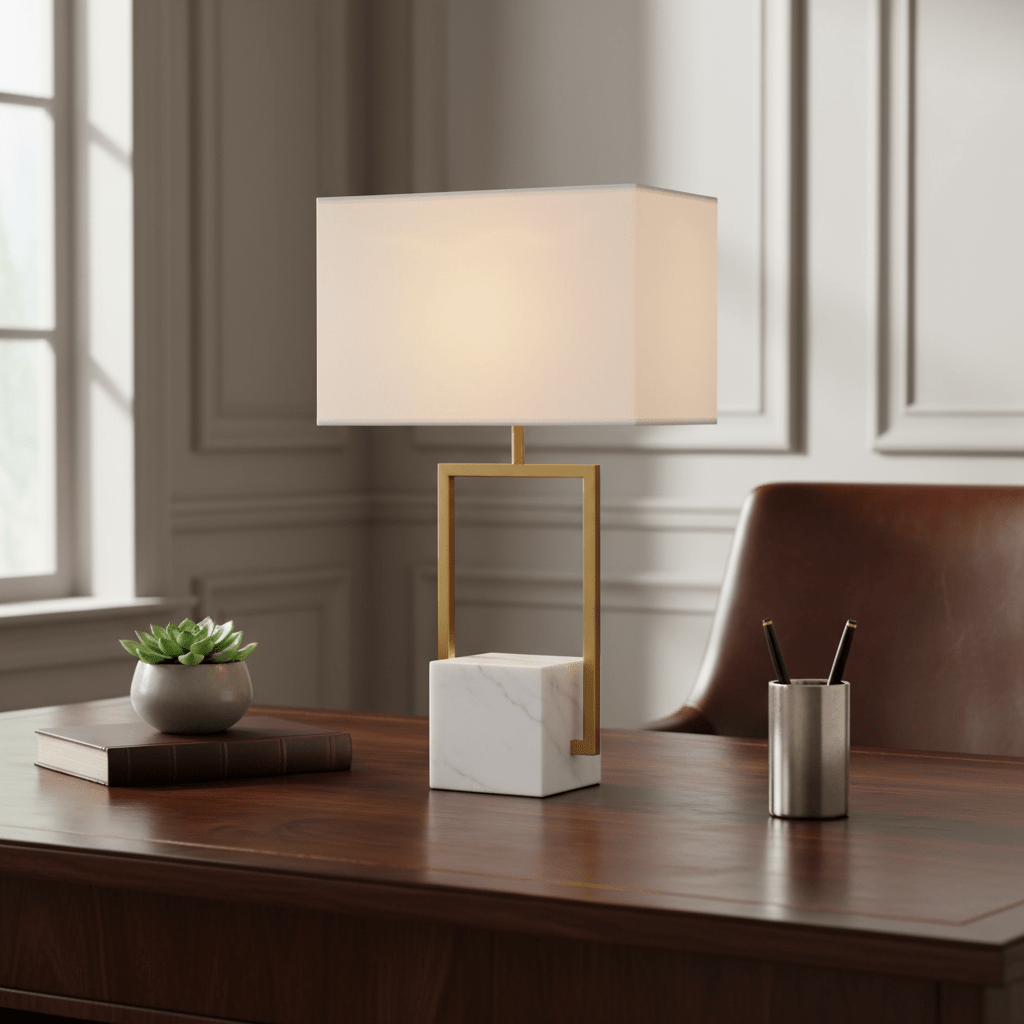 Verdi Gold & Marble Table Lamp on a wooden desk, featuring a marble base and fabric shade, with a succulent and books nearby.