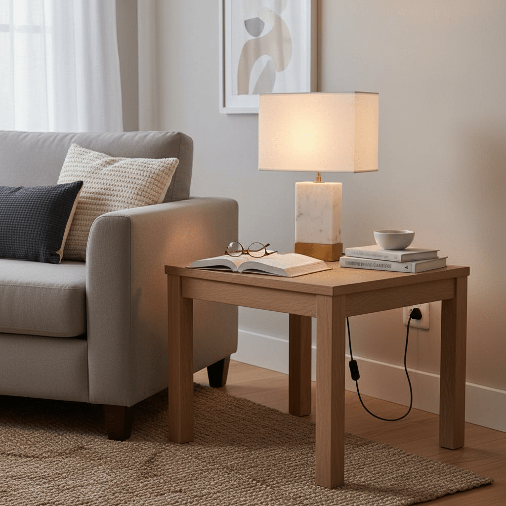 Bach Gold & Marble Table Lamp on a wooden side table beside a sofa, illuminating an open book.