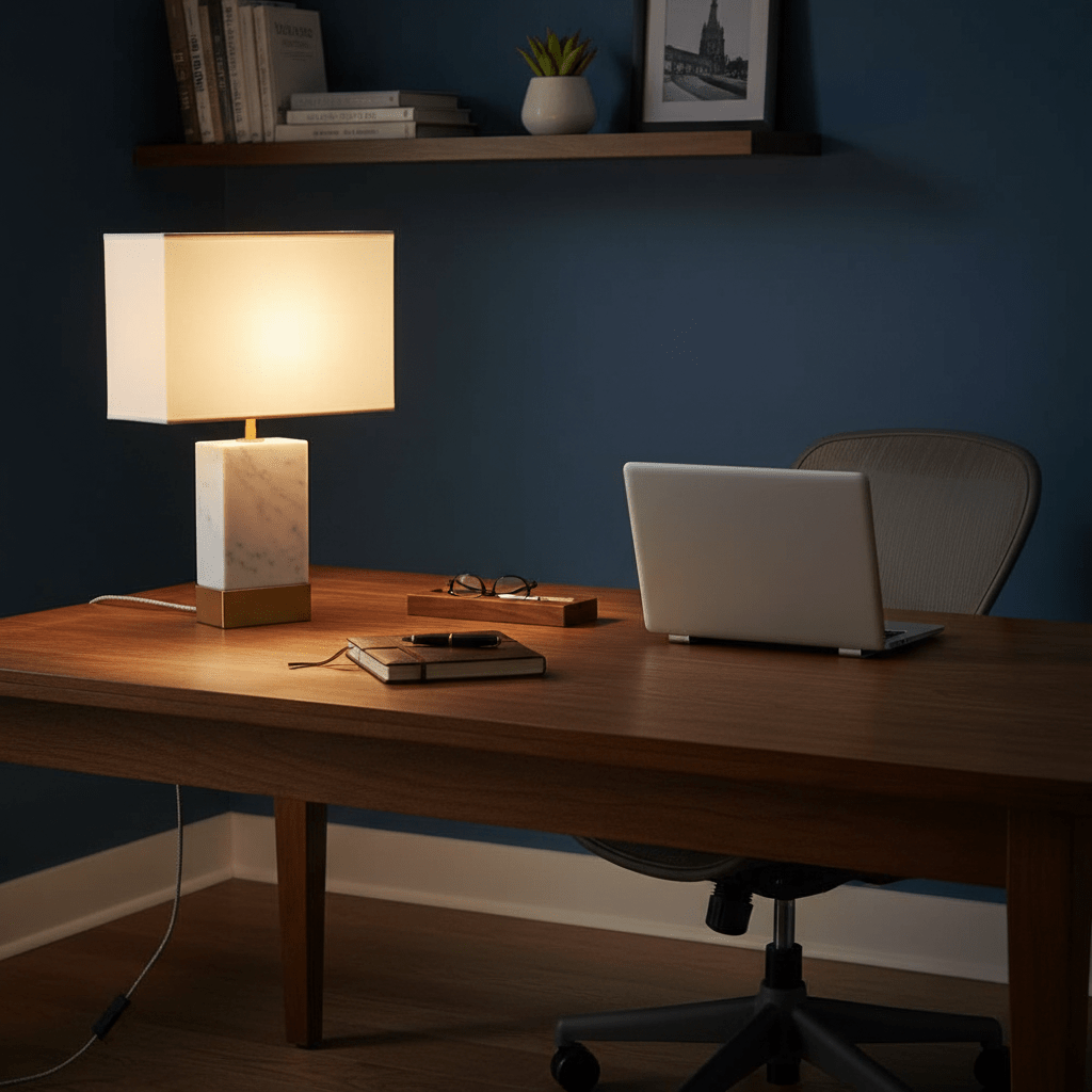 Bach Gold & Marble Table Lamp on a wooden desk, illuminating a workspace with a laptop and books.