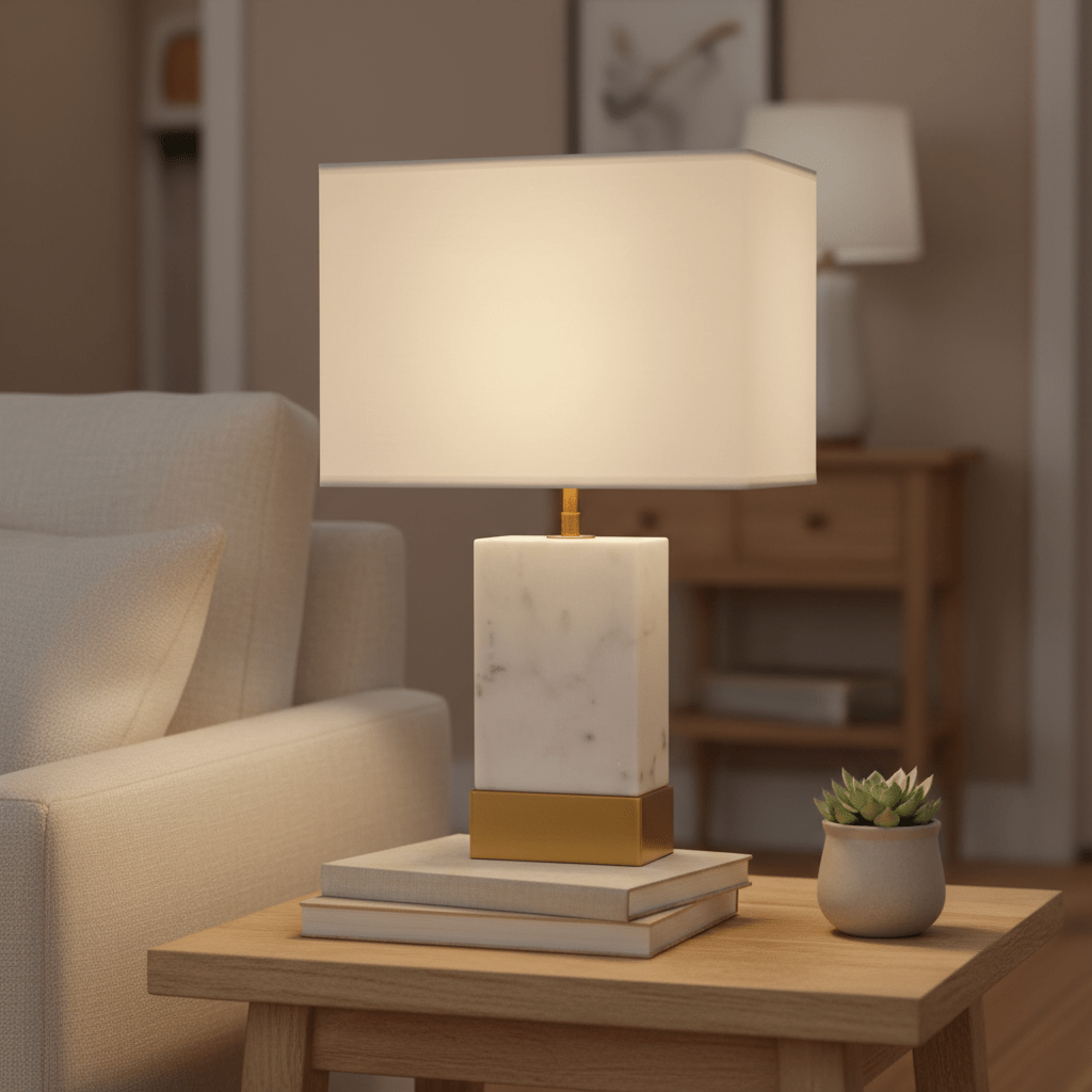 A stylish table lamp with a marble base and gold accents on a wooden side table, surrounded by books and a small plant.