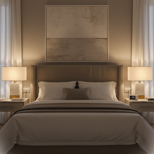 Elegant bedroom scene featuring two Bach Gold & Marble Table Lamps on nightstands beside a plush bed.
