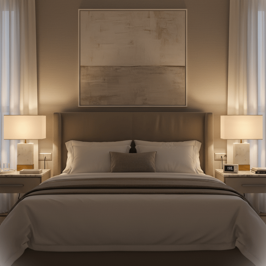 Elegant bedroom scene featuring two Bach Gold & Marble Table Lamps on nightstands beside a plush bed.