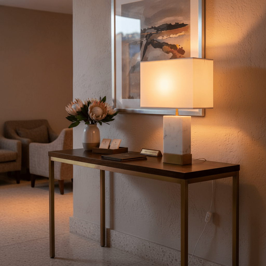 Bach Gold & Marble Table Lamp on a console table with flowers and artwork in the background.