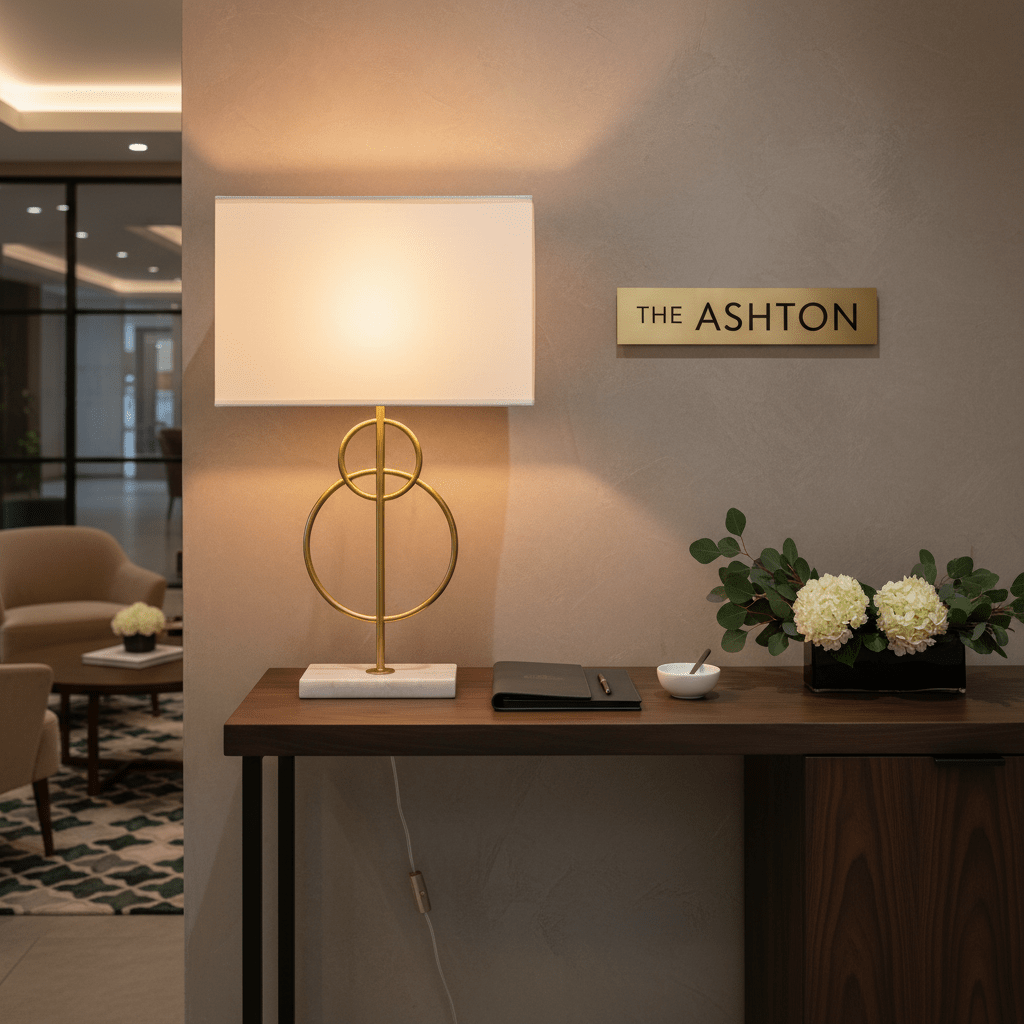 Beethoven Gold & Marble Table Lamp on a console table with decorative flowers and a notebook.