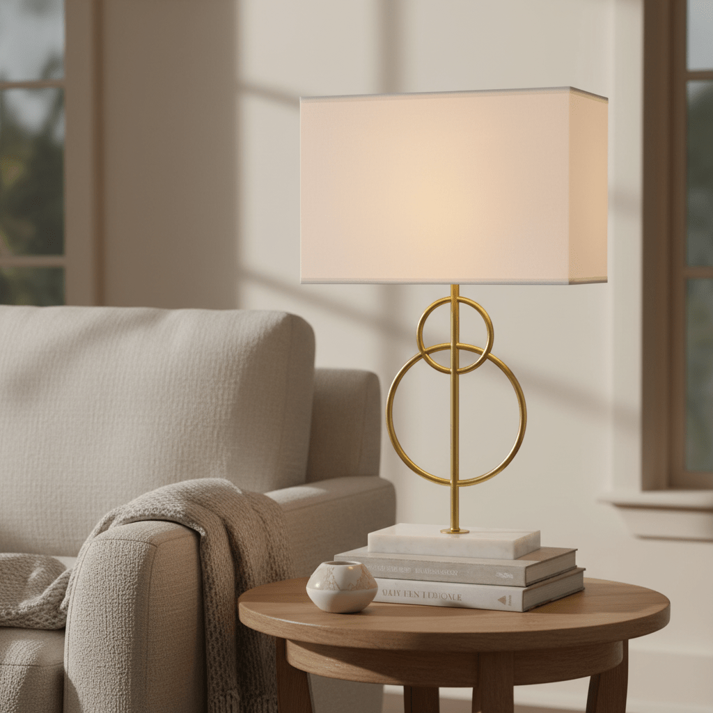 Beethoven Gold & Marble Table Lamp on a wooden side table beside a cozy sofa, with books and a decorative bowl.