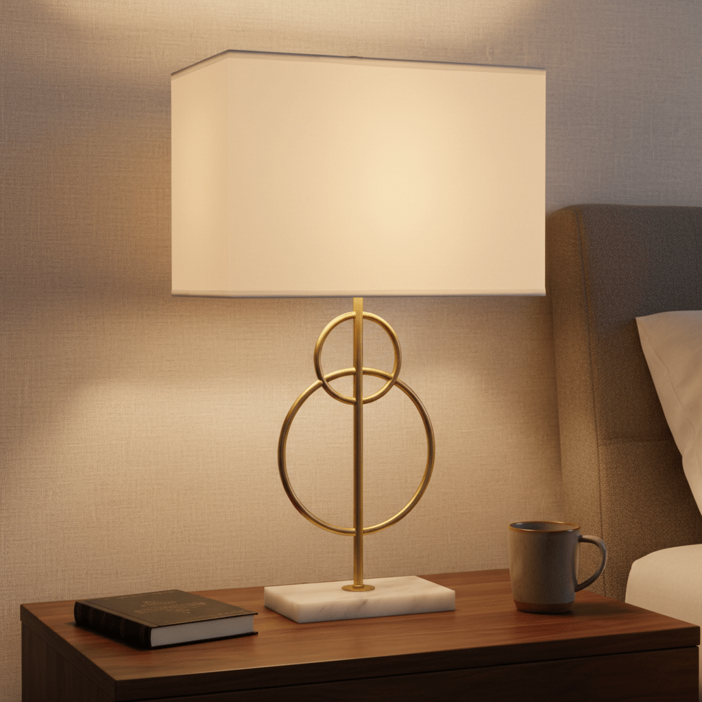 Elegant gold and marble table lamp on a bedside table, with a book and mug beside it.