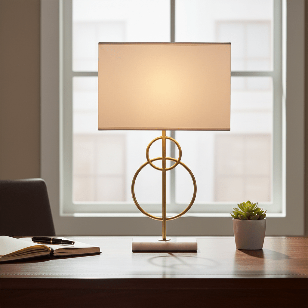 Elegant table lamp with a gold base and fabric shade on a wooden desk beside a notebook and plant.