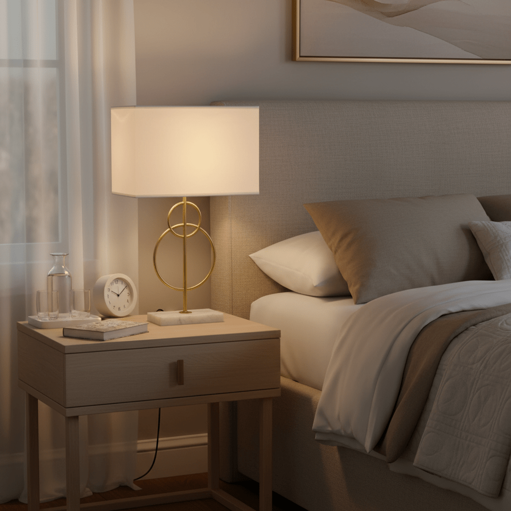 Beethoven Gold & Marble Table Lamp on a bedside table with a clock and water bottle.