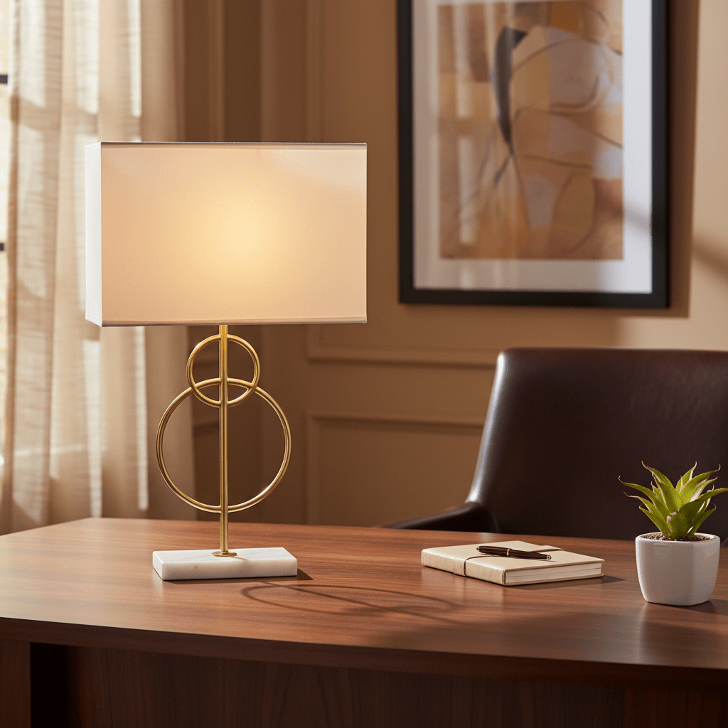 Beethoven Gold & Marble Table Lamp on a wooden desk, with a fabric shade and gold detailing, beside a notebook and plant.