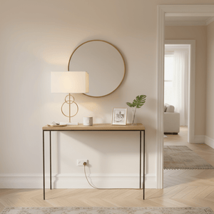 Beethoven Gold & Marble Table Lamp on a wooden console table with a round mirror and decorative items.