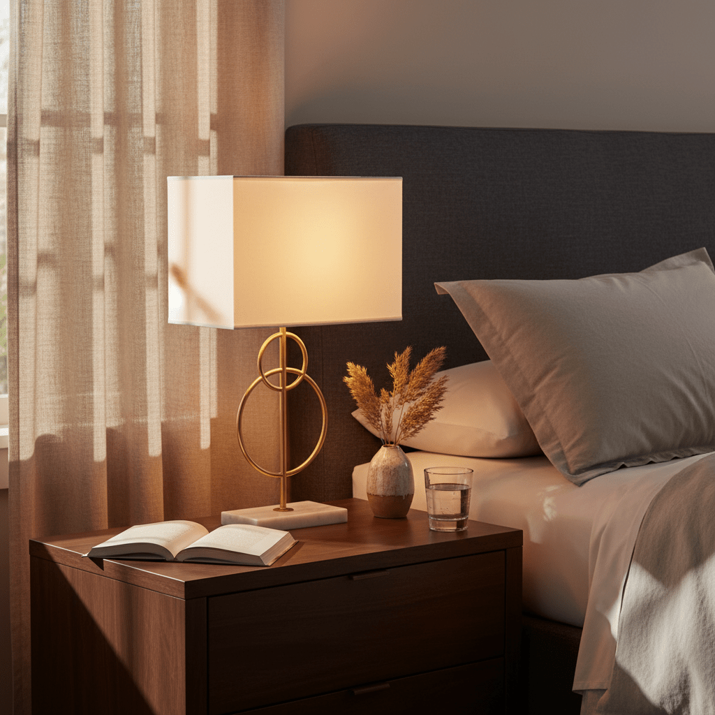 Elegant table lamp with gold detailing and fabric shade on a bedside table, accompanied by a book and decorative vase.