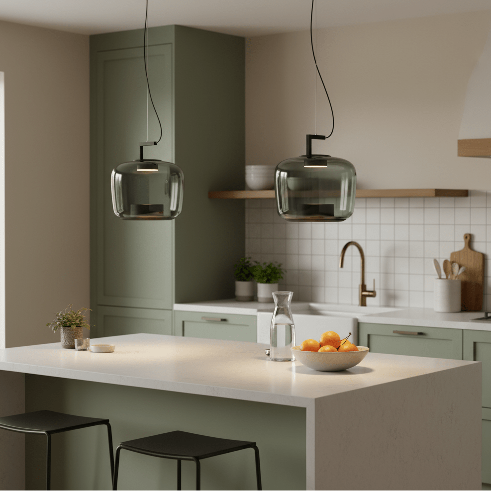 Two green-tinted LED pendant lights hang over a kitchen island with a bowl of oranges and a water carafe.