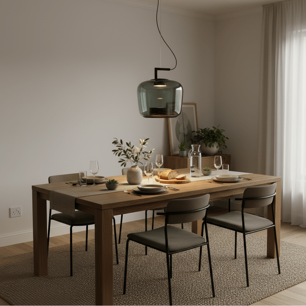 Modern dining table set with a green-tinted LED pendant light above, featuring elegant decor and tableware.