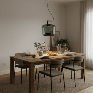 Modern dining table set with a green-tinted LED pendant light above, featuring elegant decor and tableware.