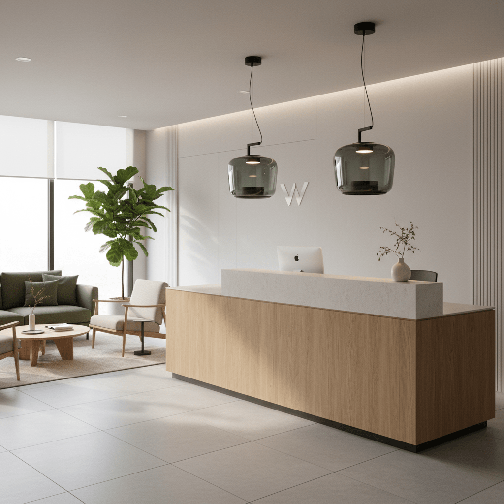 Modern office reception area featuring two green-tinted LED pendant lights above a wooden counter.