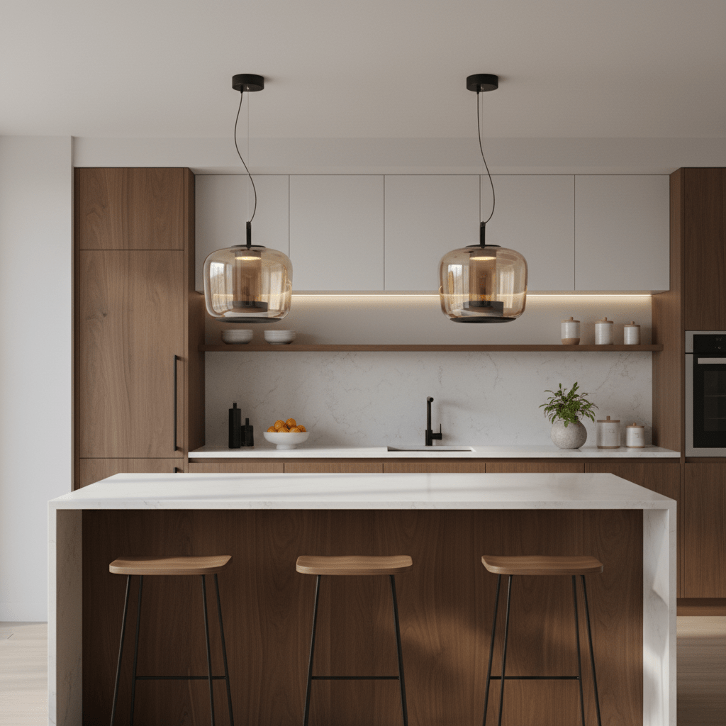 Two amber glass pendant lights hang above a modern kitchen island with wooden accents.