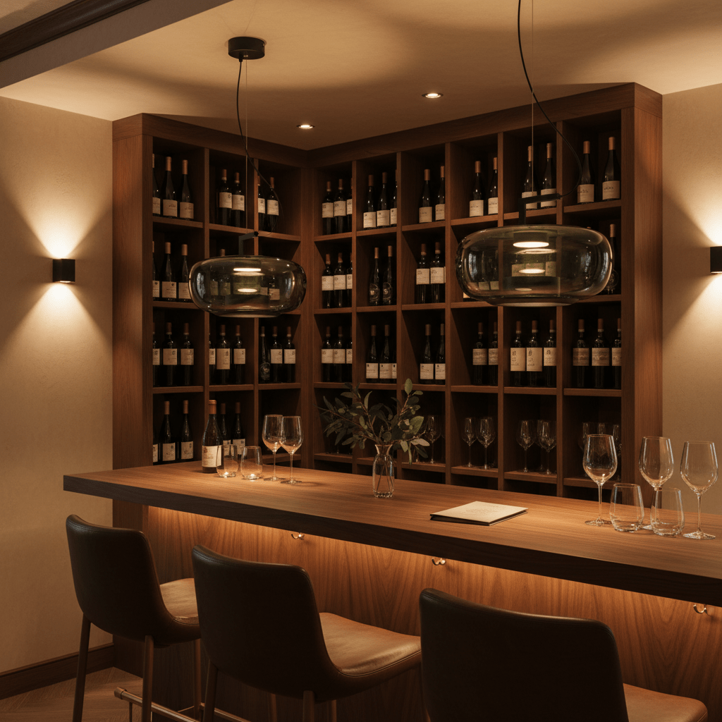 Modern green-tinted glass pendant lights above a wooden bar with wine bottles in the background.