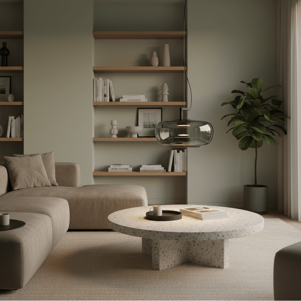 Modern green-tinted glass pendant light hanging over a round coffee table in a stylish lounge.