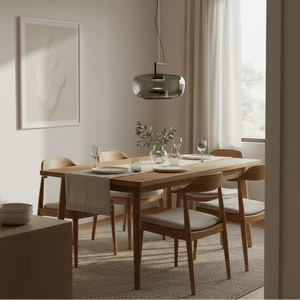 Modern dining room featuring a green-tinted glass pendant light above a wooden table set for dinner.
