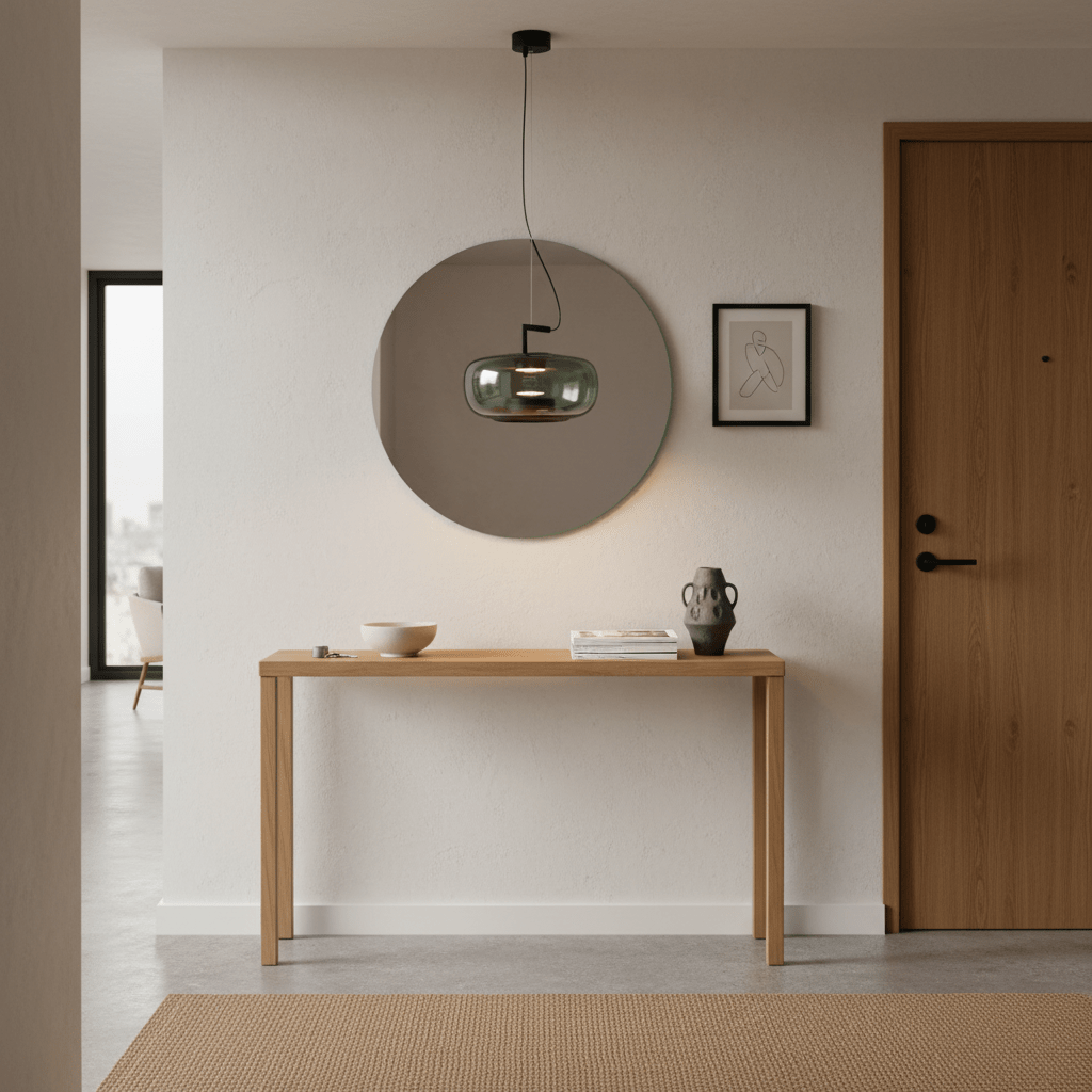 Modern green-tinted glass pendant light hanging above a wooden console table in a stylish entryway.