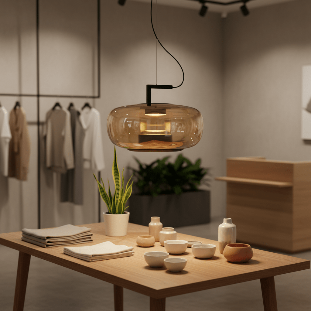 Amber LED pendant light hanging above a wooden table set with dishes and plants in a modern interior.