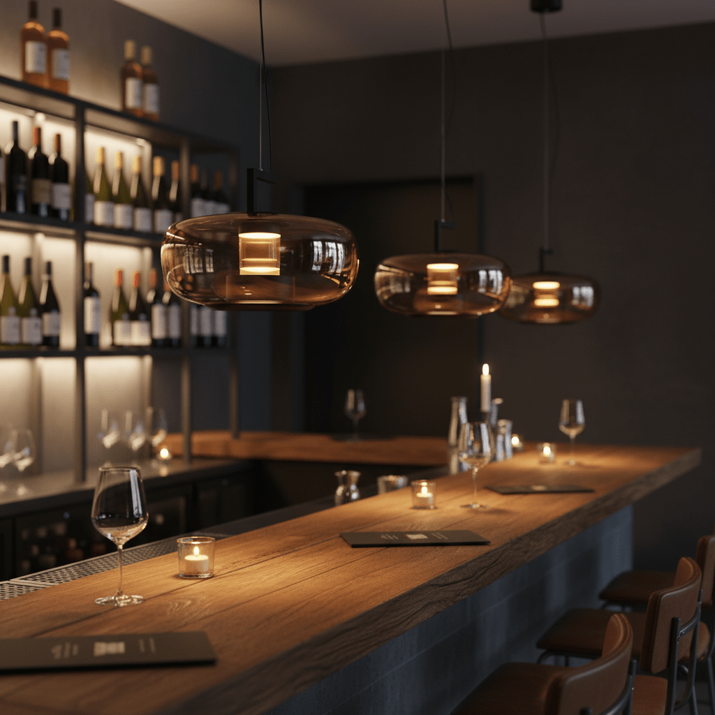 Three amber glass pendant lights with warm white LED lighting hang over a wooden bar counter in a dimly lit bar setting.