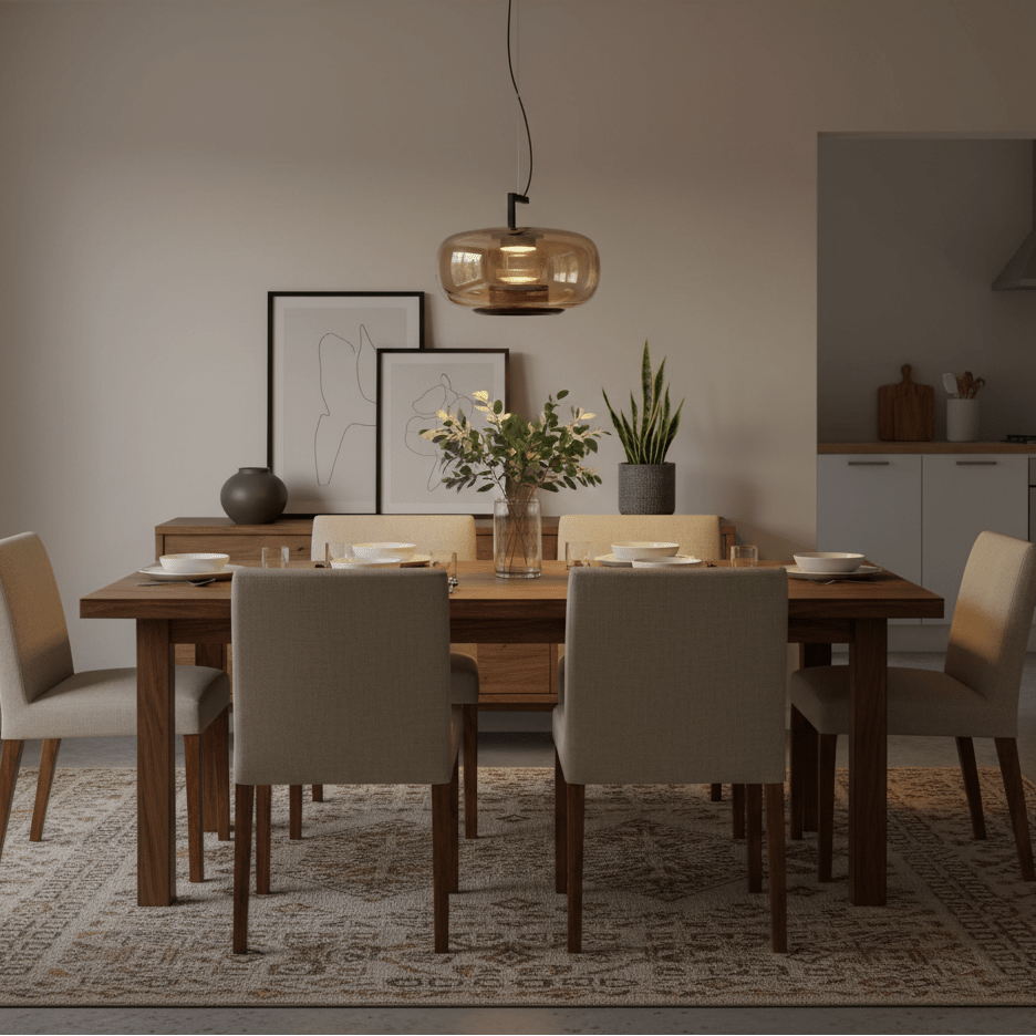A modern dining room setup featuring a rectangular wooden dining table with six upholstered chairs in a neutral beige tone, under a warm amber glass pendant light. The room has a beige wall, a patterned area rug, and a glimpse of a kitchen in the background.
