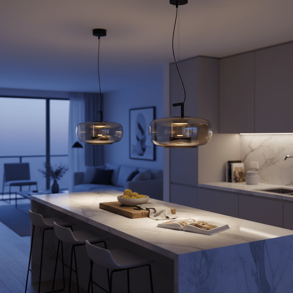 Two amber glass pendant lights hang above a marble kitchen island, illuminating a bowl of lemons and an open book.