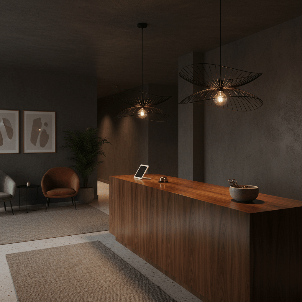 Stylish twin black pendant lights above a wooden reception desk in a modern interior.
